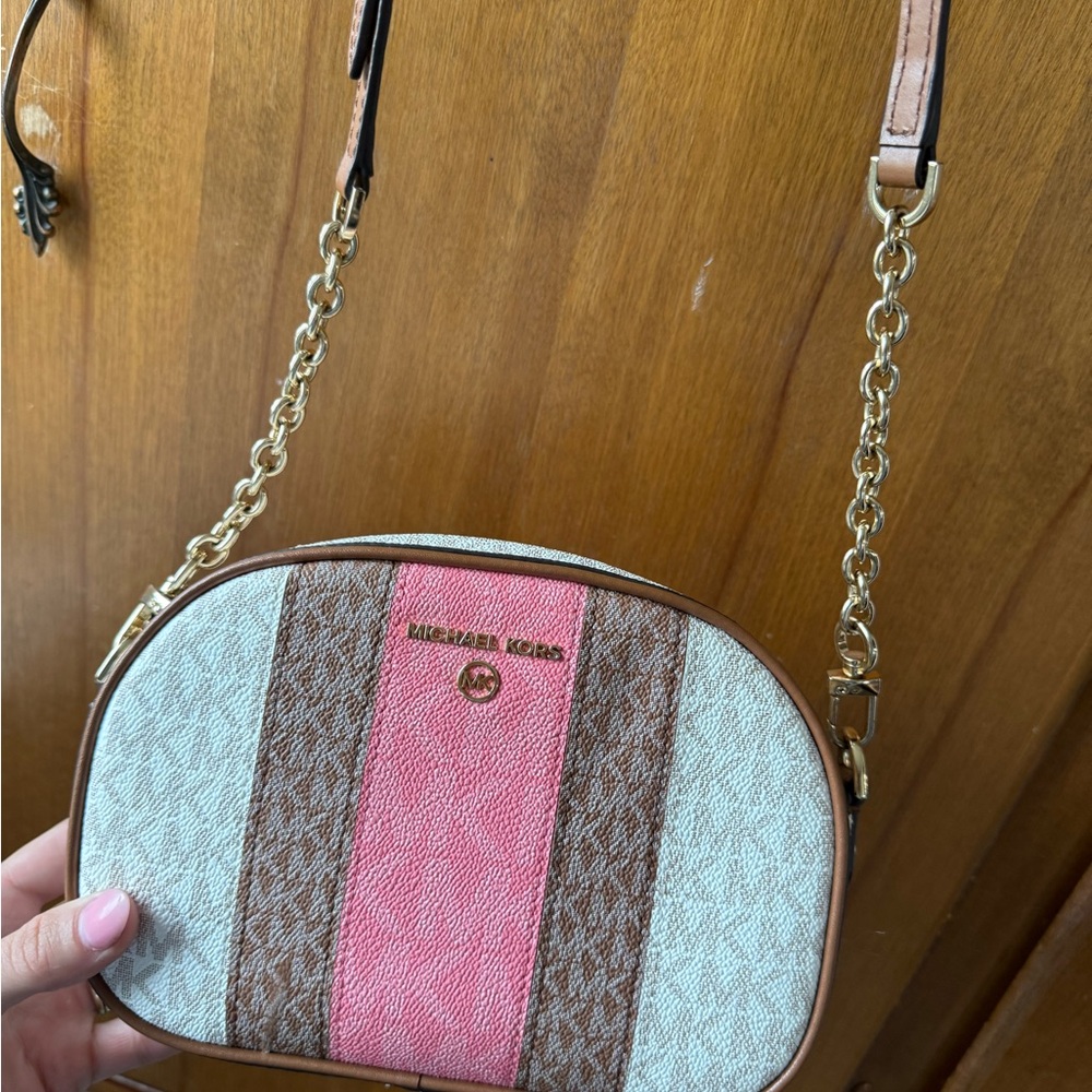 Michael Kors Cream, Pink, and Brown Crossbody Bag